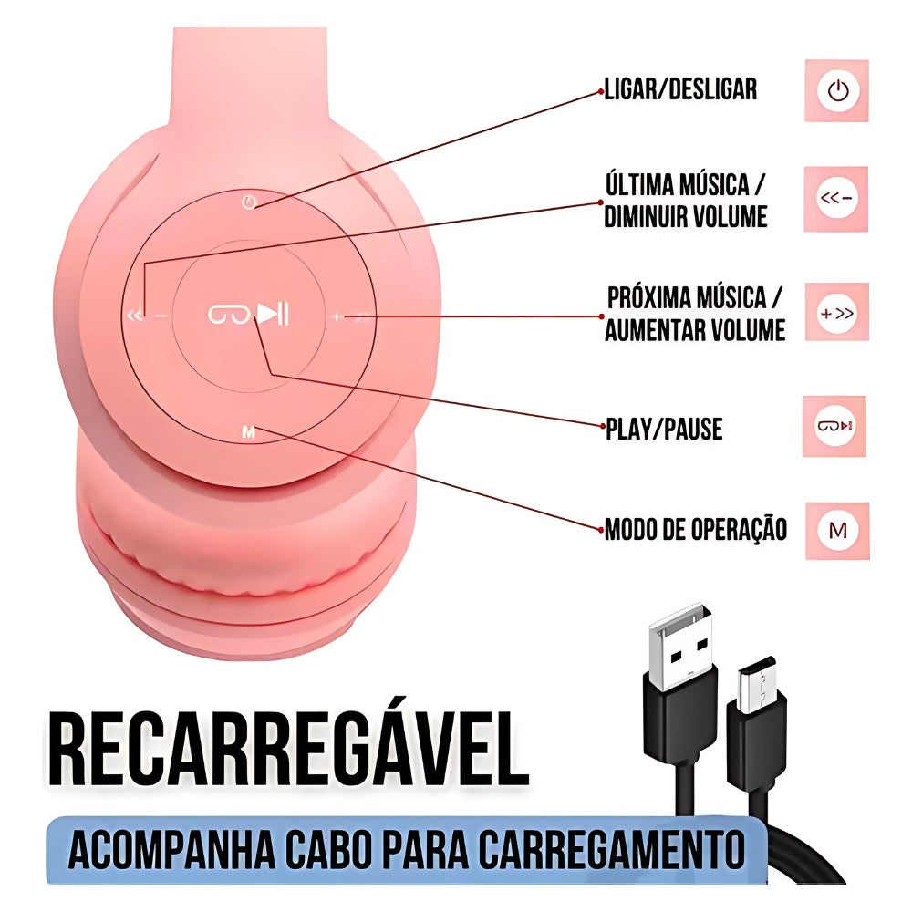 Fone De Ouvido Bluetooth Infantil Orelha Gatinho