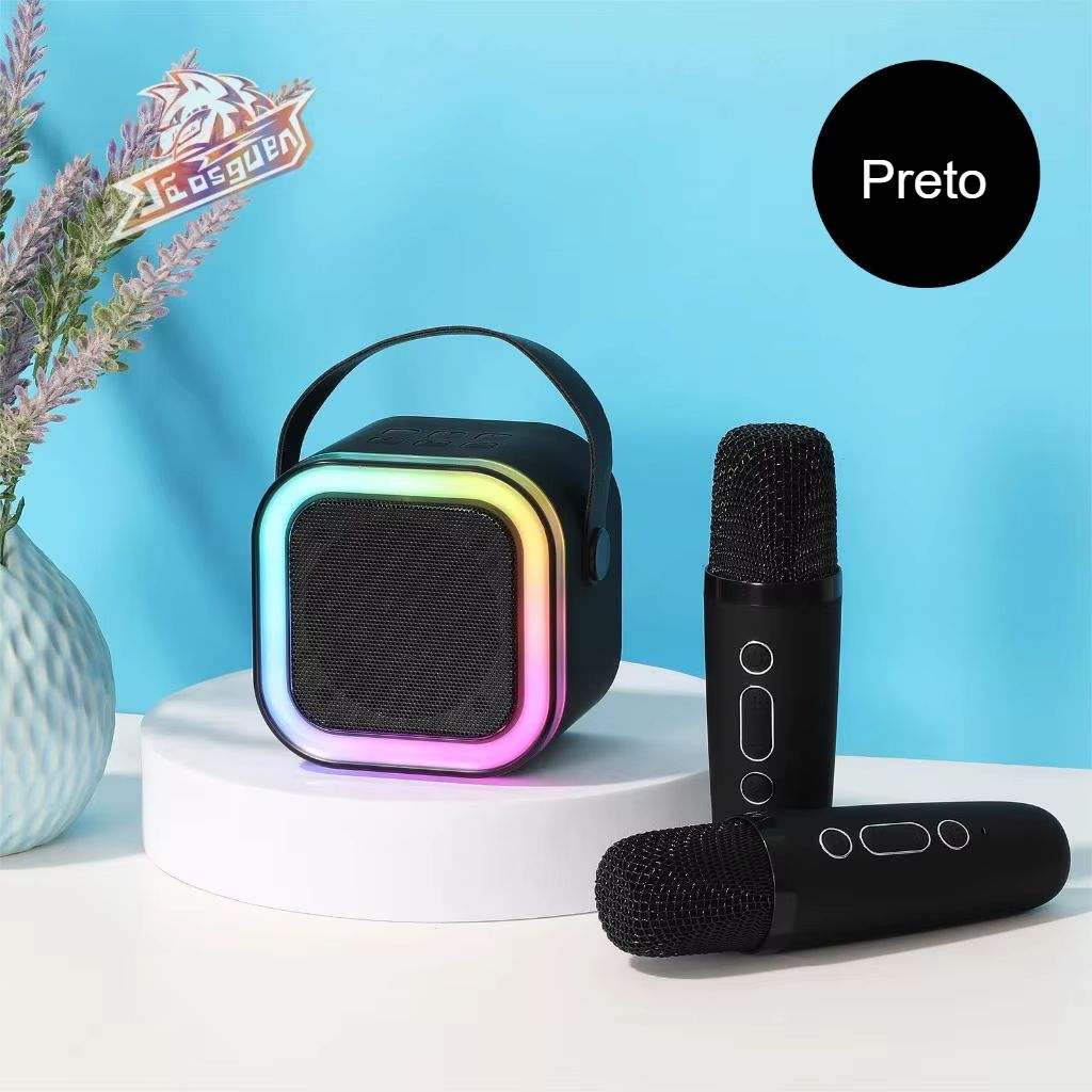Karaokê Infantil com Caixinha De Som Bluetooth Led C/ 2 Microfones